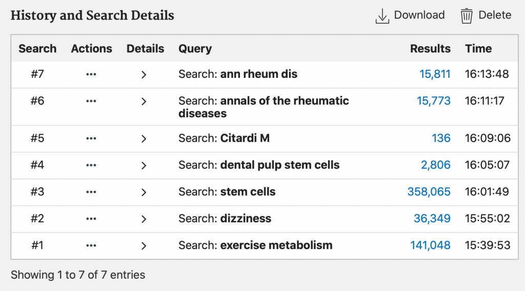 Screenshot of a blank search history on PubMed's advanced search page.
