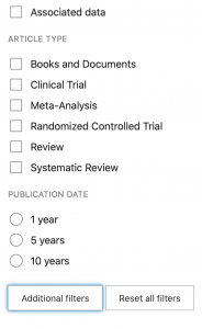 Screenshot of the default search results filters in PubMed.