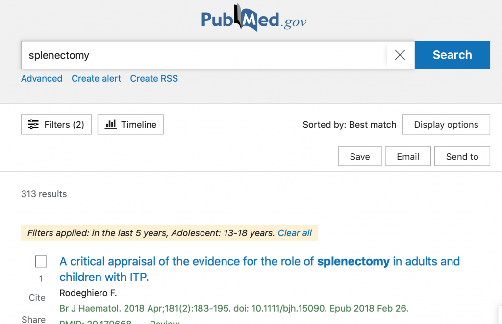 Screenshot of a PubMed search for "splenectomy" with the number of search results boxed in red.
