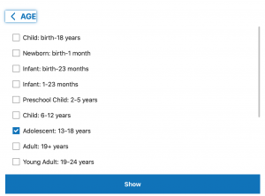 Screenshot of the "Customize..." menu for the PubMed Ages filter with "Adolescent: 13-18 years" checked and boxed in red.
