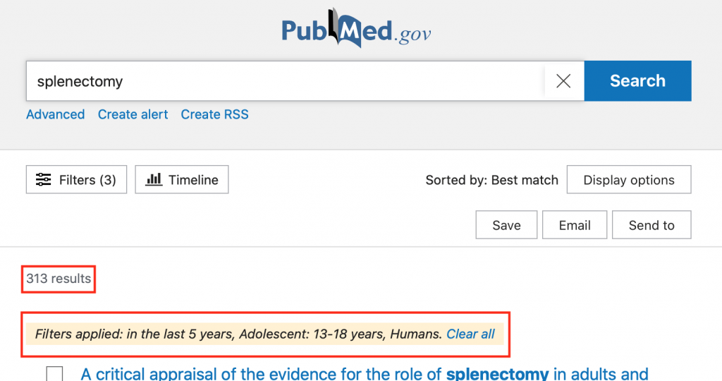 Screenshot of a PubMed search for "splenectomy" with Publication dates, Species, and Ages filters applied with the filters and number of results boxed in red.