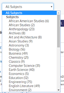 Screenshot of the Subjects drop-down menu on the A-Z Database List.