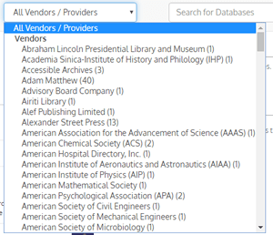 Screenshot of the Provider/Vendor drop-down menu for the A-Z Database List.