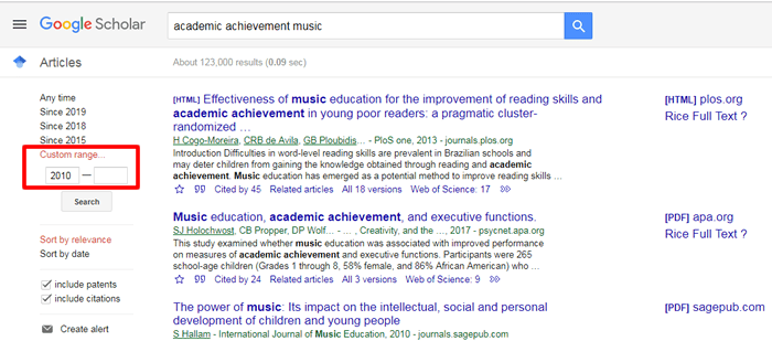 Screenshot of a Google Scholar search for "academic achievement music" with a search filter for publication date boxed in red.
