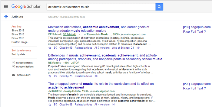 Screenshot of a Google Scholar search for "academic achievement music."