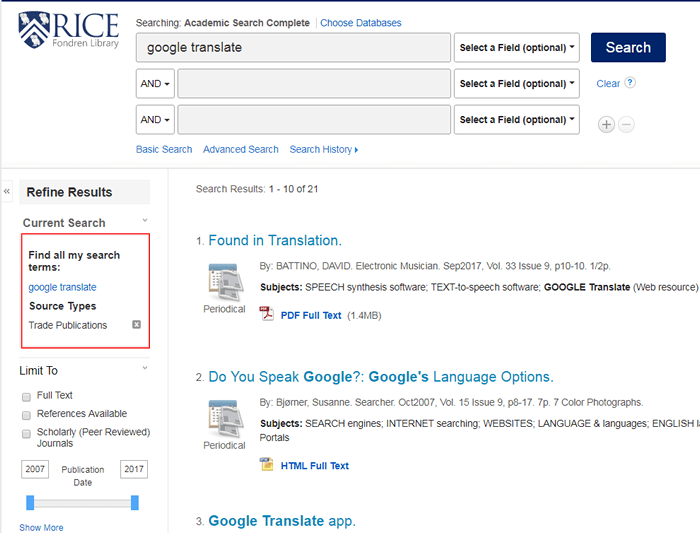Screenshot of an Academic Search Complete search for "google translate" with the search details boxed in red.