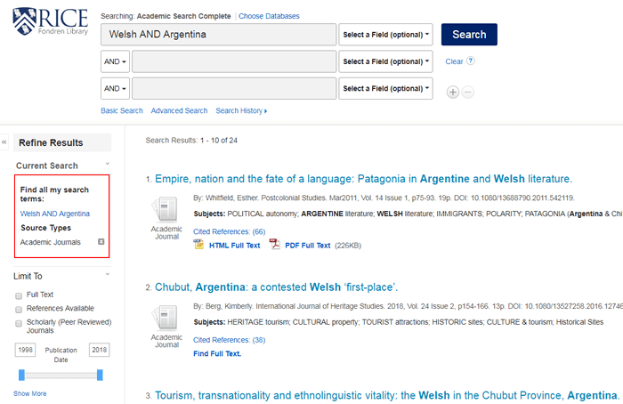 Screenshot of an Academic Search Complete Search for "Welsh AND Argentina" with the search details boxed in red.