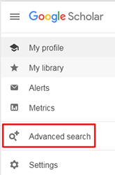 Screenshot of the drop-down menu on Google Scholar's homepage open with "Advanced Search" boxed in red.