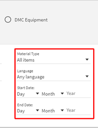 Screenshot of the OneSearch Advanced Search box settings for Material Type, Language, and Start and End Dates.