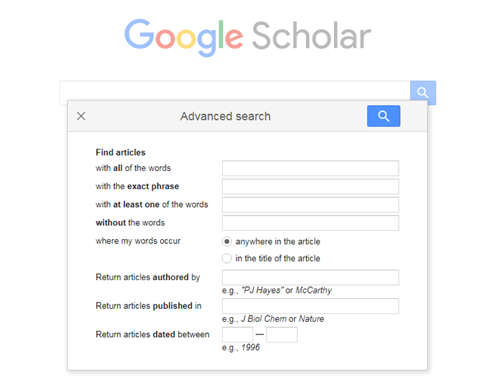 Screenshot of Google Scholar's Advanced Search box.
