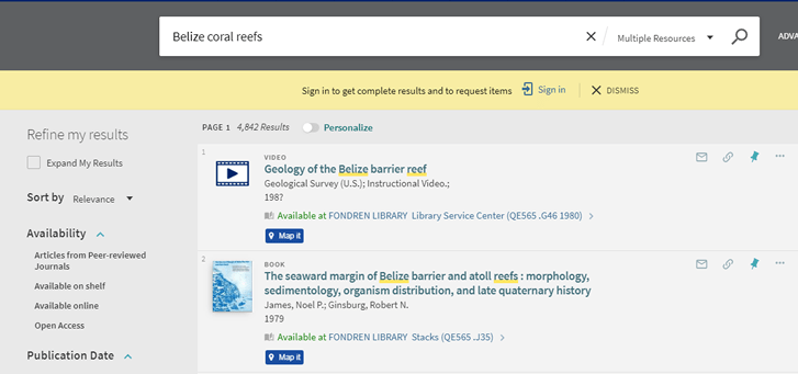 Screenshot of search results for "Belize coral reefs" in OneSearch.