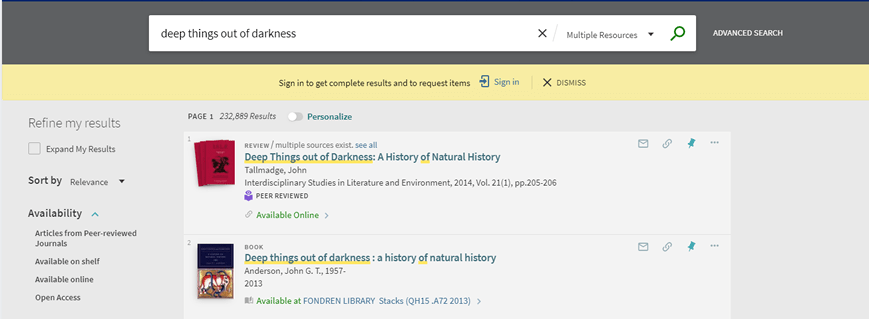 Screenshot of OneSearch search results for "Deep things out of darkness"