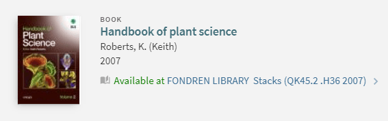 Screenshot of a OneSearch record for a book titled "Handbook of plant science."