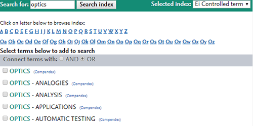 Screenshot of the search results for "Optics" in the Compendex controlled terms list.