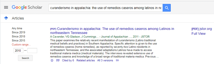 Screenshot of a Google Scholar search for "curanderismo in Appalachia."