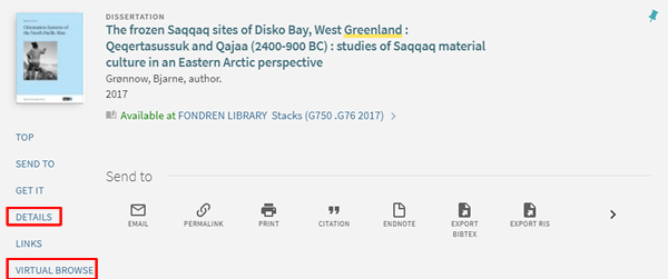 Screenshot of a OneSearch record for a dissertation titled "The frozen Saqqaq sites of Disko Bay, West Greenland" with "details" and "Virtual Browse" on the left boxed in red.