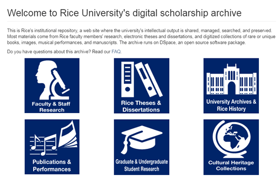 Screenshot of the Rice Digital Scholarship Archive homepage.