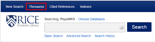 Screenshot of RIce's homepage for PsycINFO with "Thesaurus" at the top boxed in red.