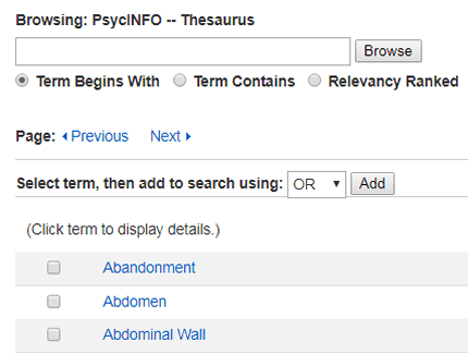 Screenshot of PsycINFO's subject headings list.