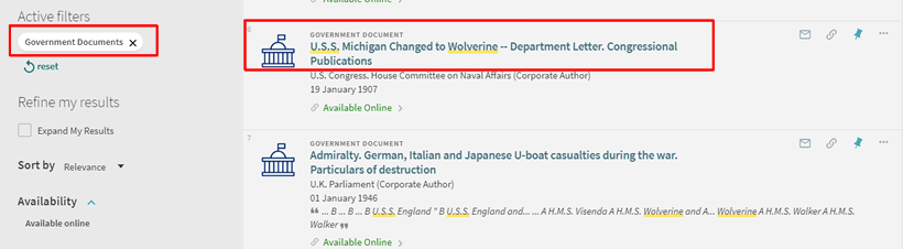 Screenshot of a OneSearch search for "U.S.S. Wolverine" with the "Government Documents" filter applied.