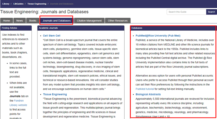 Screenshot of the "Journals and Databases" tab of Fondren's Tissue Engineering research guide with the tab name and "Databases" box boxed in red.