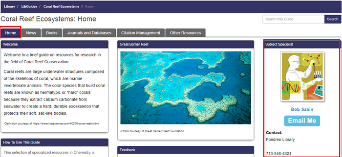Screenshot of the homepage of Fondren's Coral Reef Ecosystems research guide with the contact information for the guide's librarian boxed in red.