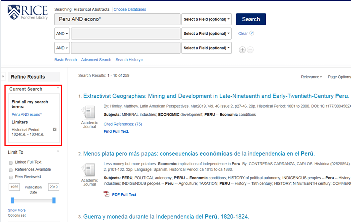 Screenshot of a Historical Abstracts search for "Peru and econo*" between 1824 and 1834 with the search details boxed in red.