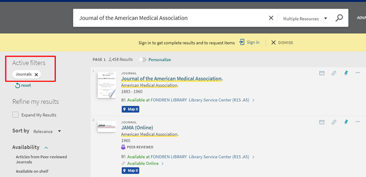 Screenshot of OneSearch search results for "Journal of the American Medical Association" with the "Journals" filter applied.