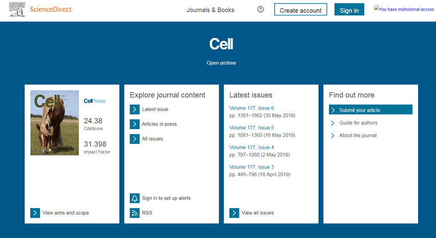 Screenshot of the homepage for the journal Cell.