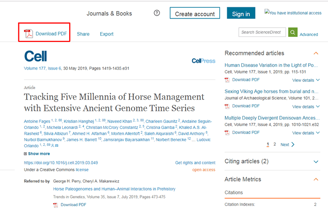 Screenshot of the page for the article "Tracking Five Millennia of Horse Management with Extensive Ancient Genome Time Series" from the journal Cell.