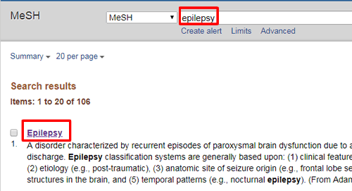 Screenshot of a PubMed MeSH search for "epilepsy" with the search and the top result boxed in red.