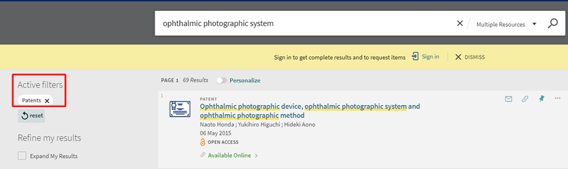 Screenshot of a OneSearch search for "ophthalmic photographic system" with the "Patents" filter applied.