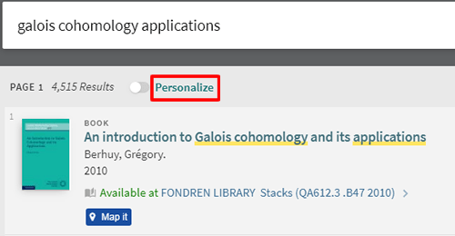 Screenshot of a OneSearch search results page with "Personalize" boxed in red.