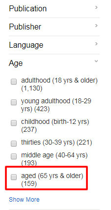 Screenshot of the "Refine Results" options for PsycINFO with the "Age" facet open and "aged (65 yrs & older)" boxed in red.