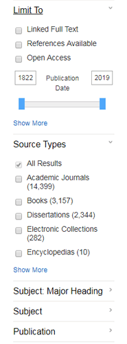 Screenshot of the filters available for search results in PsycINFO.
