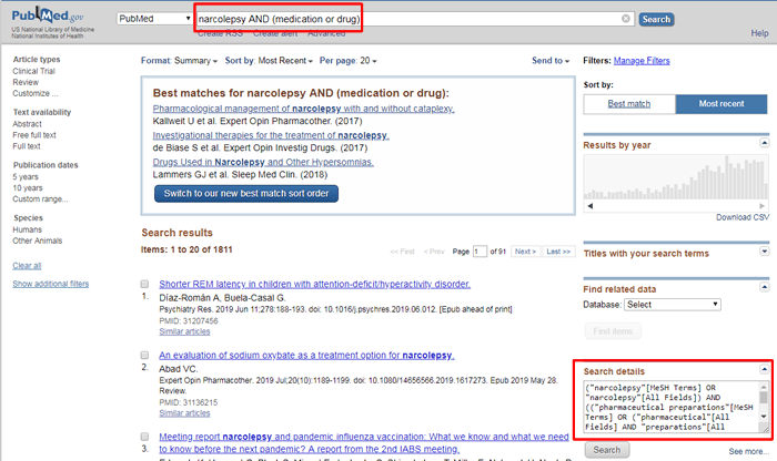 Screenshot of a PubMed search for "narcolepsy AND (medication OR drug)" with the search string and "Search details" box boxed in red.