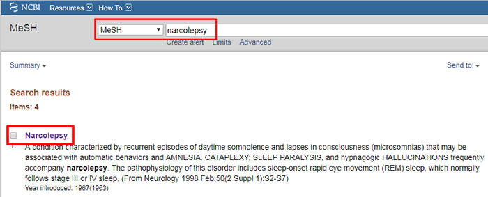 Screenshot of a PubMed search for MeSH terms matching "Narcolepsy" with the search bar and the top result boxed in red.