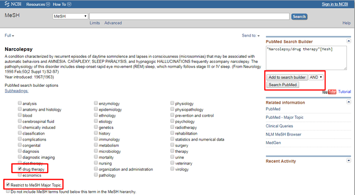 Screenshot of the MeSH topic page for narcolepsy in PubMed with the "drug therapy" and "Restrict to MeSH Major Topic" boxes checked and the term added to the PubMed Search Builder.