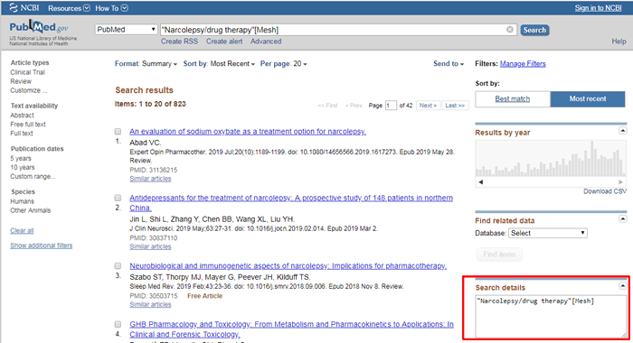 Screenshot of a PubMed search for Narcolepsy/Drug therapy using MeSH terms with the search details box boxed in red.