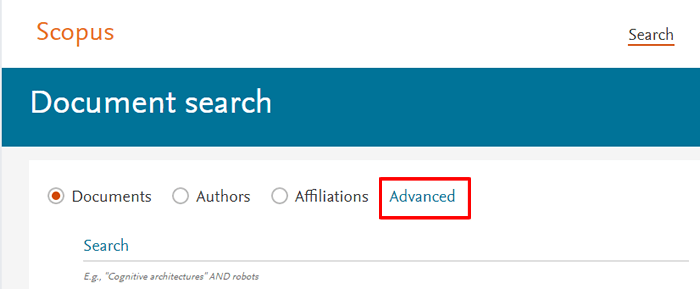 Screenshot of the Scopus homepage with "Advanced" above the main search bar boxed in red.