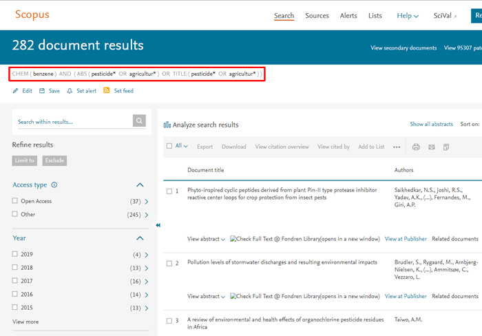 Screenshot of a Scopus search for benzene and pesticides or agriculture with the search string boxed in red.