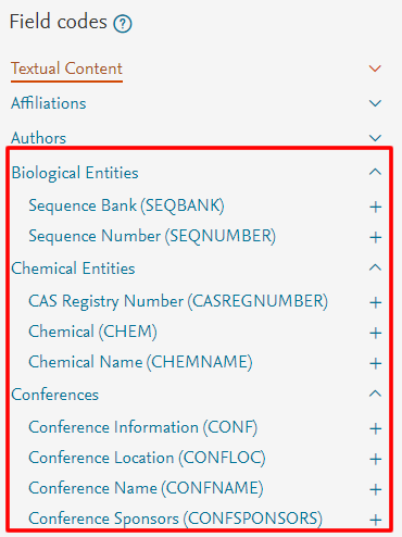 Screenshot of the Field codes available in Scopus advanced search with the Biological Entities, Chemical Entities, and Conferences codes boxed in red.