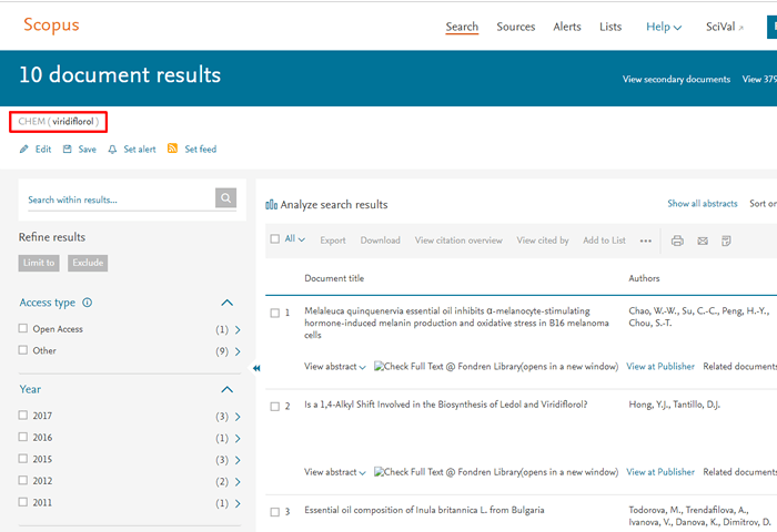 Screenshot of a Scopus search for viridiflorol with the search string boxed in red.