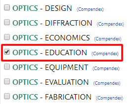 Screenshot of controlled terms in Compendex with "OPTICS - EDUCATION" checked and boxed in red.