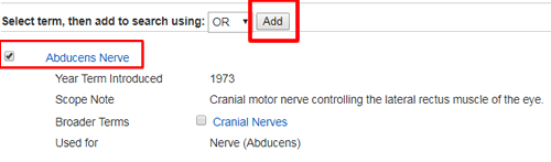 Screenshot of a subject heading page in PsycINFO with the checked term and "add" button boxed in red.