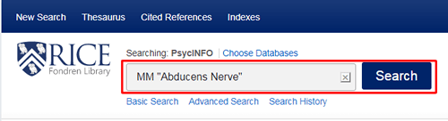 Screenshot of a PsycINFO search bar with a major subject heading search for "Abducens Nerve" boxed in red.