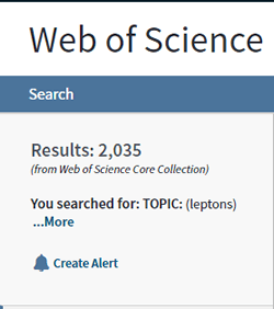Screenshot of the number of search results for a topic search for "leptons" in Web of Science with filters applied.