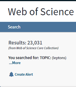 Screenshot of the number of search results for a topic search for "leptons" in Web of Science.