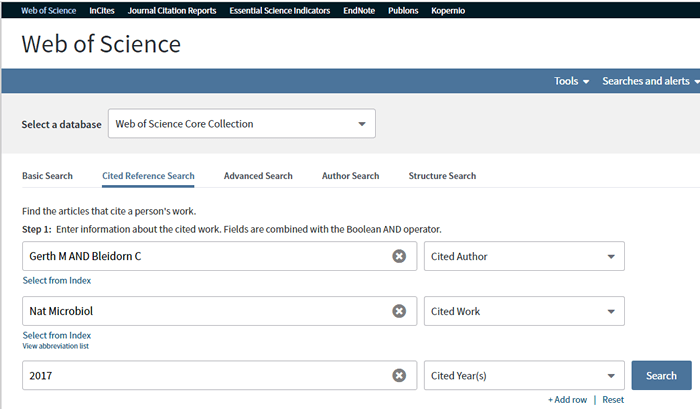 Screenshot of filled-in search fields for a Web of Science reference search.