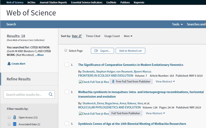 Screenshot of a Web of Science cited reference search for a 2017 Nature Microbiology article.